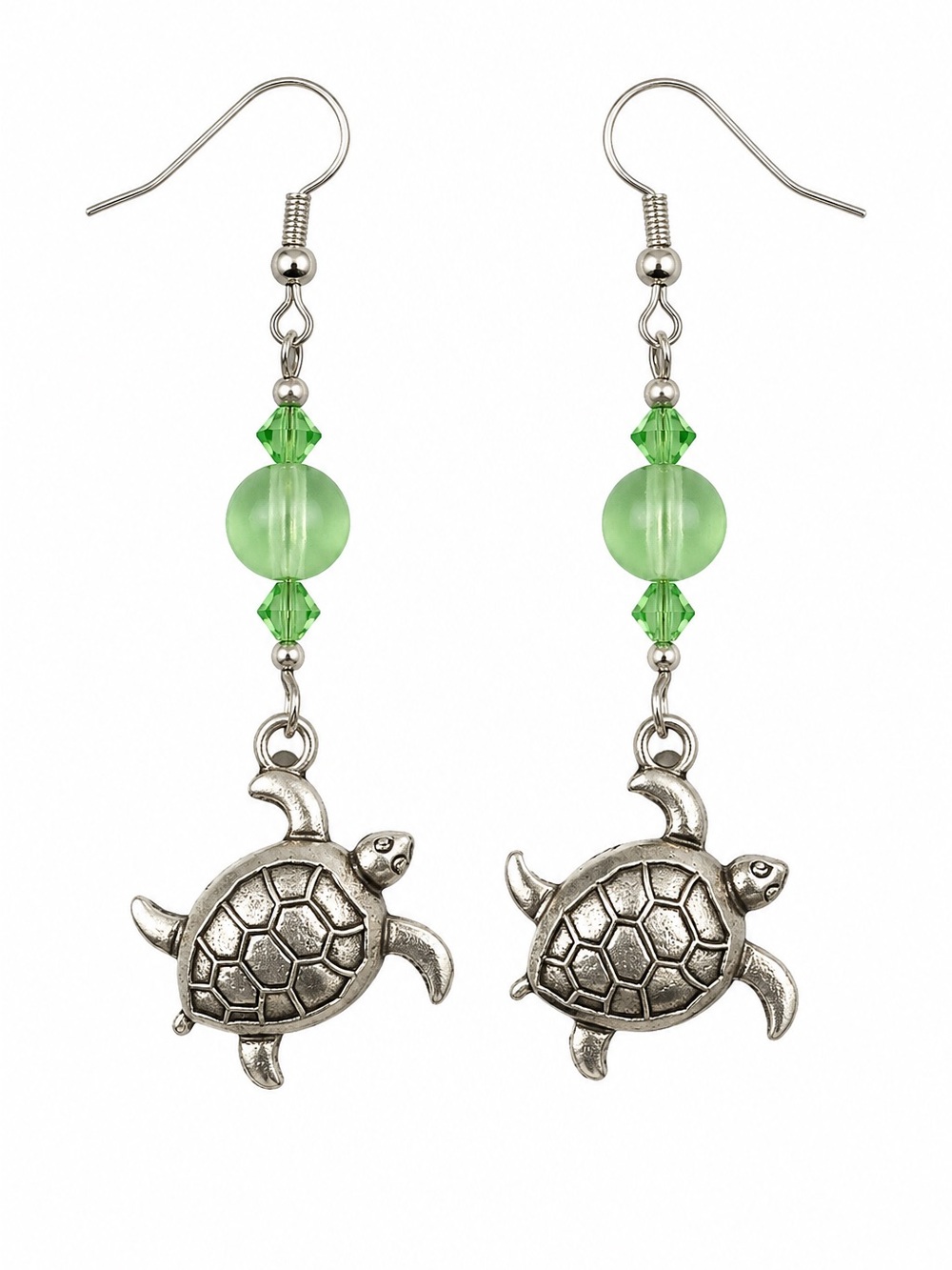 Sea Turtle Charm Drop Earrings with Green Sea Glass and Crystal Beads